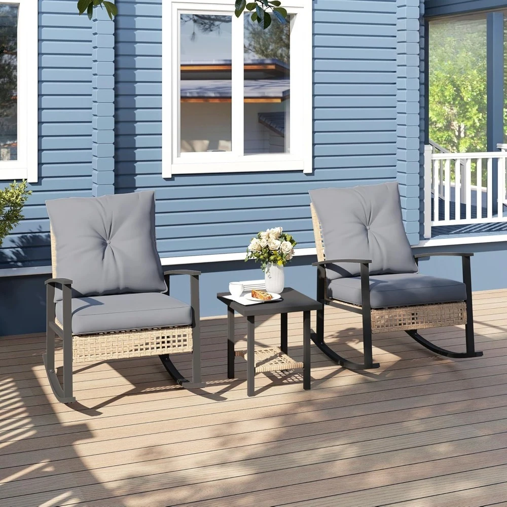 

3 Pieces Rocking Wicker Outdoor Bistro Set, Rattan Patio Furniture Set with Coffee Table and Porch Chairs, Customized