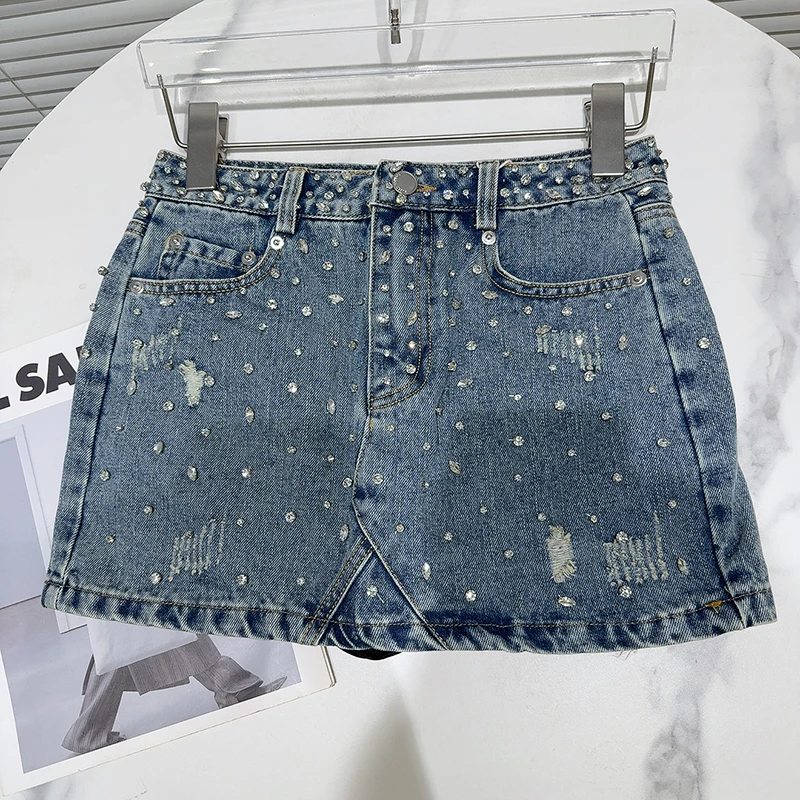 Y2K New Rhinestone Denim Skirt Women Gothic Sexy Hottie Low Waist Slim Hip Skirt Harajuku Fashion Light Blue Mini Straight Skirt