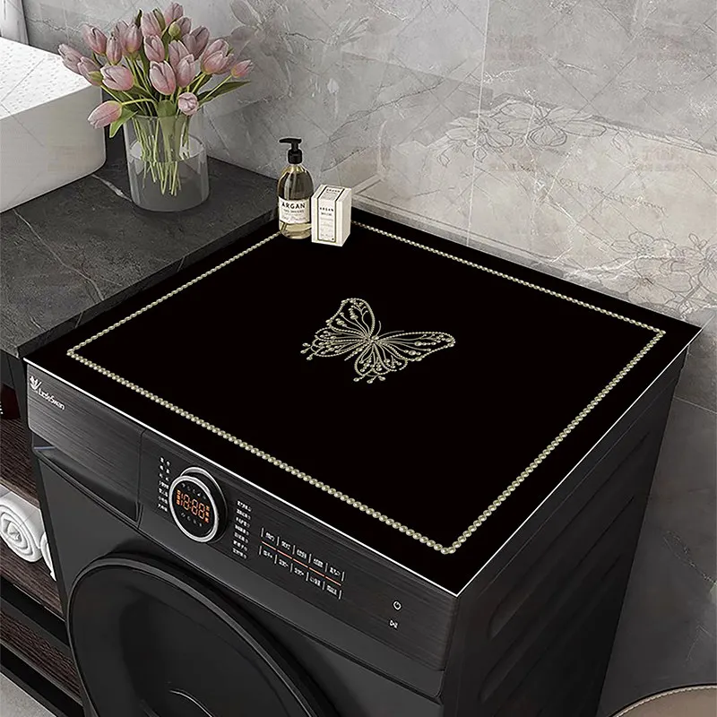 VIKAMA White Daisy Frame Washing Machine Cover Mat Black Solid Welcome Letter Print Waterproof Anti Dust Dryer Cabinet Top Mat