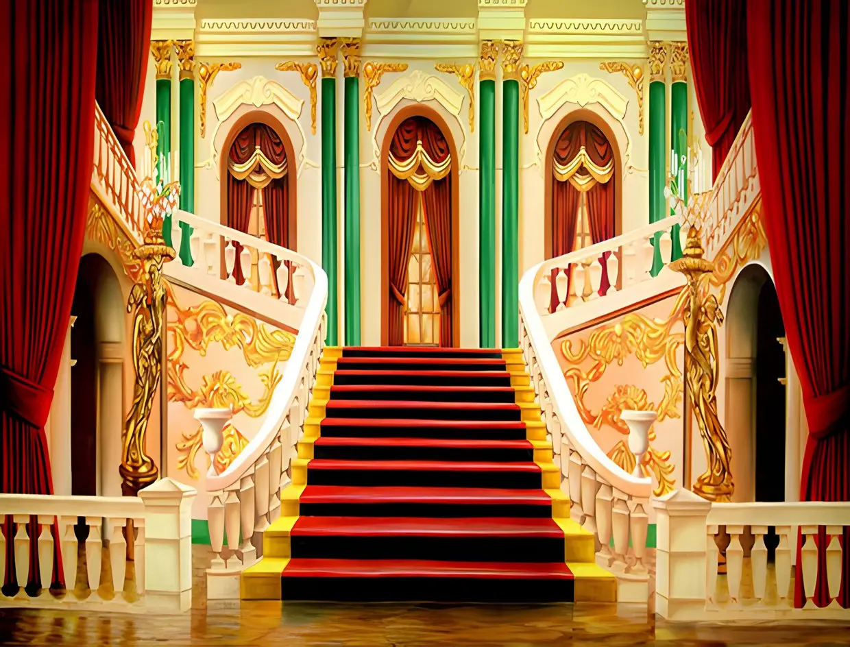 

Medieval castle Palace Interior House Staircase Red Curtains backdrops party supplies Photography Studio Backgrounds