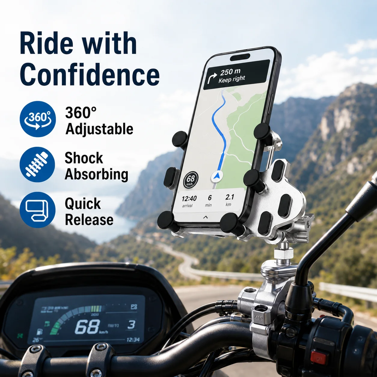 Motorcycle Phone Holder Aluminum Alloy M10 Mirror Mount Shockproof Phone Stand 360° Rotation GPS Navigation Bracket