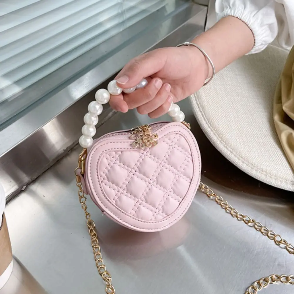 Pearl Handle Girls Mini Shoulder Messenger Bag Princess Wallet Coin Purse Handbags Cute Children\'s Heart-shaped Crossbody Bags