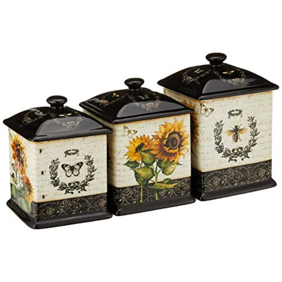 

French Sunflowers Canister Set Set of 3 Ceramic Kitchen Storage Jars with Lids Vintage Sunflower Decor Floral Bee Butterfly Des