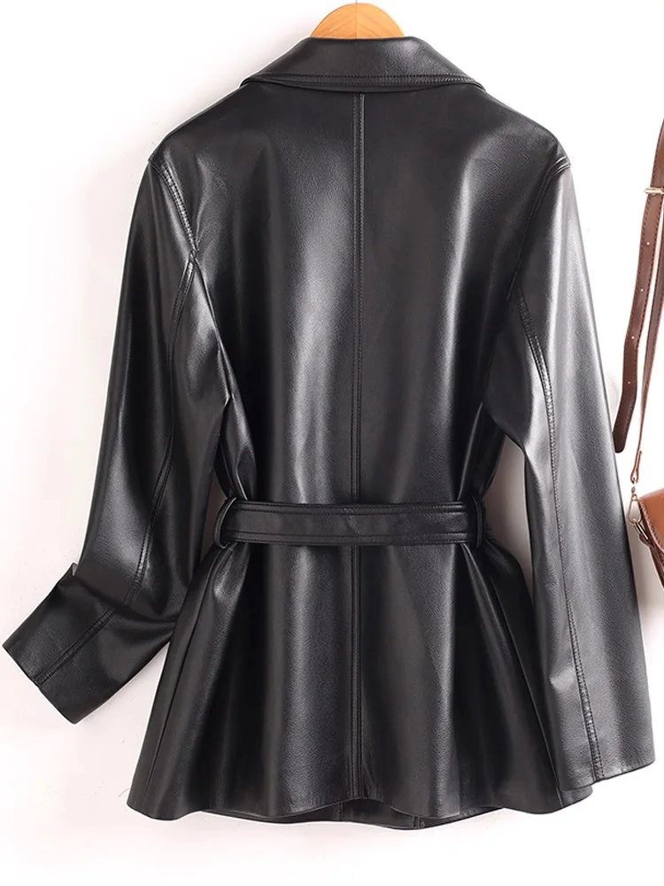 Nuova giacca da donna in pelle crosta Colletto alla moda autunnale Vita sottile con cintura Cappotto in pelle allentata Giacca elegante e semplice