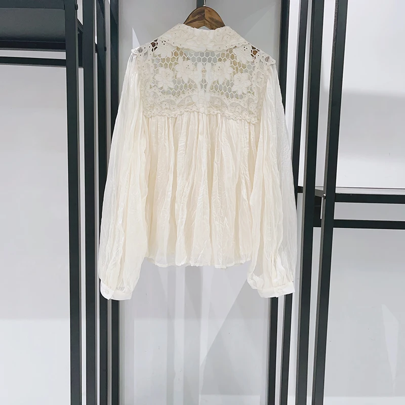 

French Sle Loose Fit Lace Panelled Collar irt Breathable Cotton Long Sve Transparent Hollow out Belted Women's irt