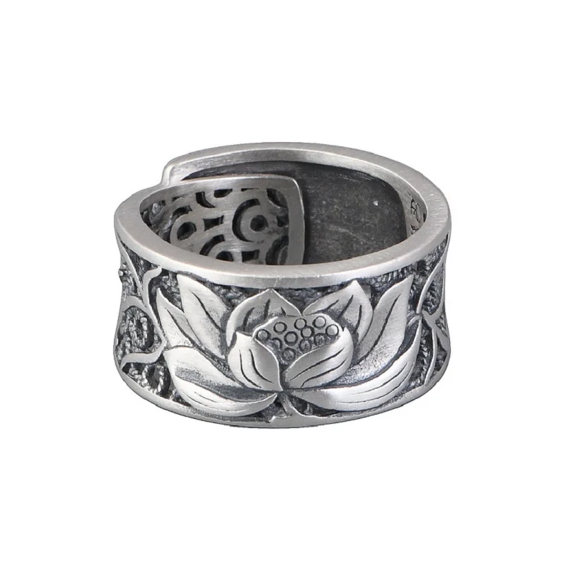 11mm Width Real Silver Retro Hollowed Lotus Buddhist Mind Sutra Open Ring For Man Woman Rings Fine Jewelry