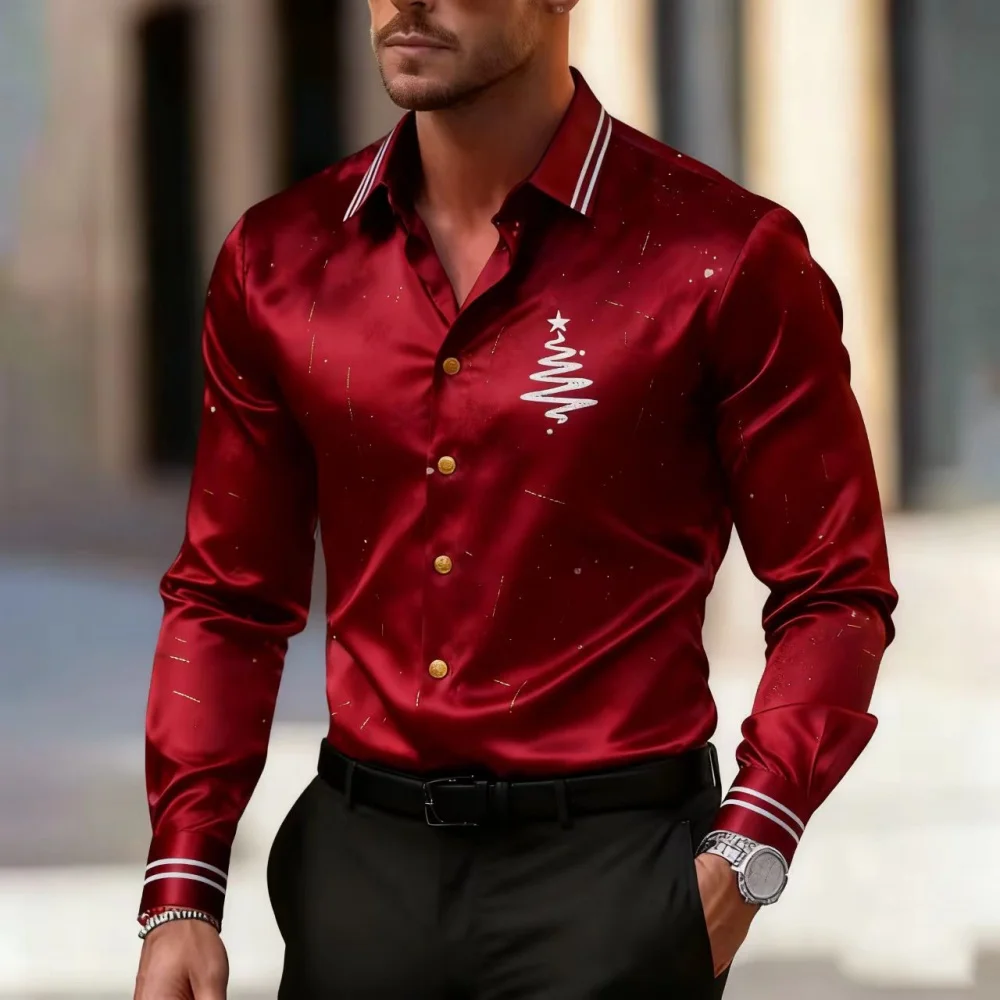 قميص كاجوال رجالي جديد لعيد الميلاد لعام 2025، قميص بياقة بأكمام طويلة، مناسب لحفلات الزفاف والحفلات، عصري وعصري
