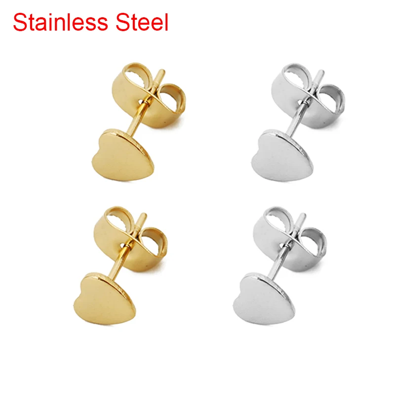 10pcs PVD Never Fade Stainless Steel Earrings Stud Post 6mm Hypoallergenic Heart Earring Hooks Making For Diy Jewelry Supplies