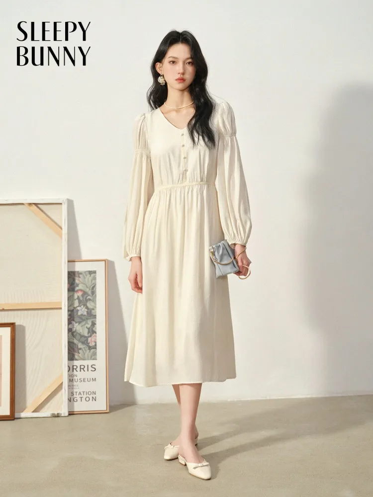 

Elegant Vintage Chic V Neck Puff Sleeve Dress High Waist Long Dress Autumn French Style Lace Trim Casual Flowy Midi Maxi Outfit
