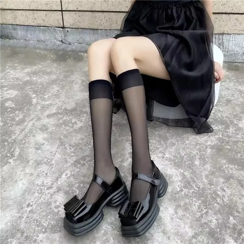 2 Pairs Lolita Silk Knee Socks Tube Jk Girls See Through White Black Thin Calf Socks Lolita Nylon Transparent Elastic Stockings