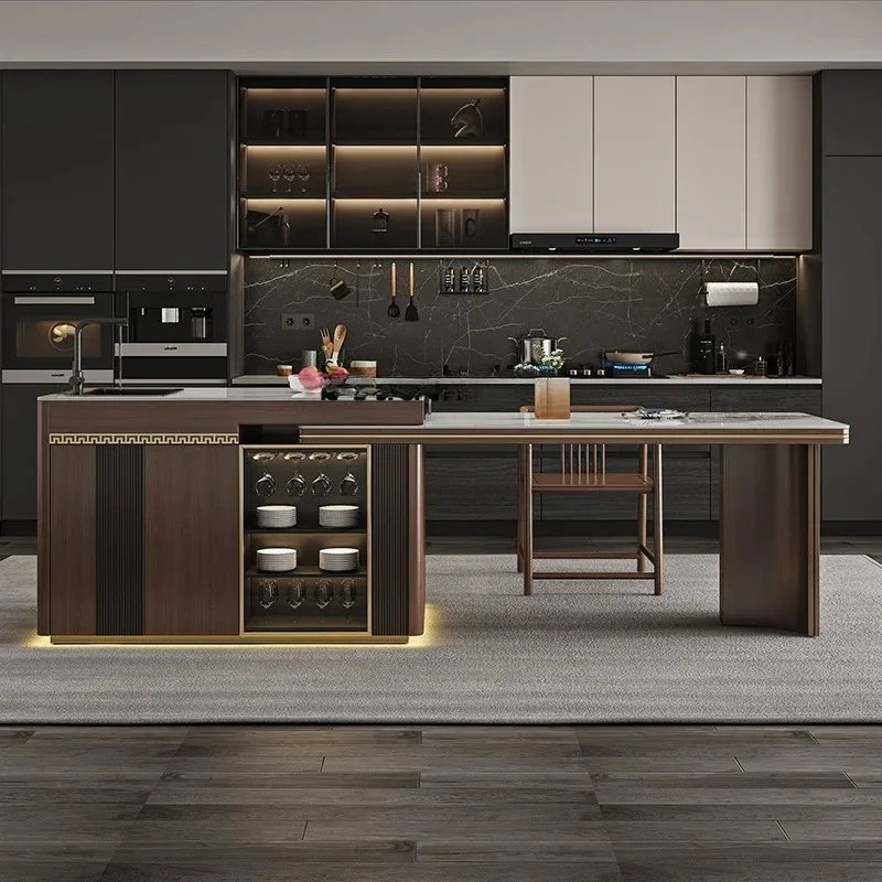New Chinese rock slab island dining table integrated retractable New Chinese modern simple solid wood dining bar