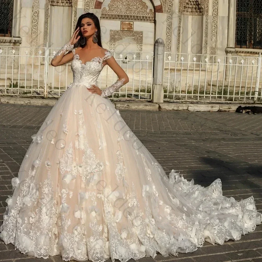 Customized Exquisite Sweetheart A-Line Long Sleeve Wedding Dresses 2026 Lace 3D Flower Appliques Draped Floor-Length Bride Gowns