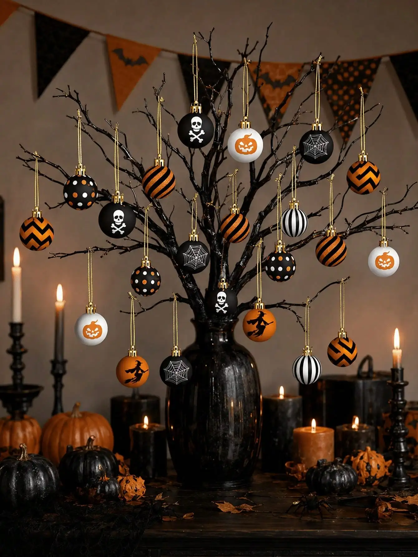8/16Pcs Halloween Spooky Ball Ornaments, Gothic Pumpkin Witch Spider Web Skull Pattern Hanging Decorations, Indoor Outdoor Tree Ornament For Home Office Haunted House Halloween Party Decor