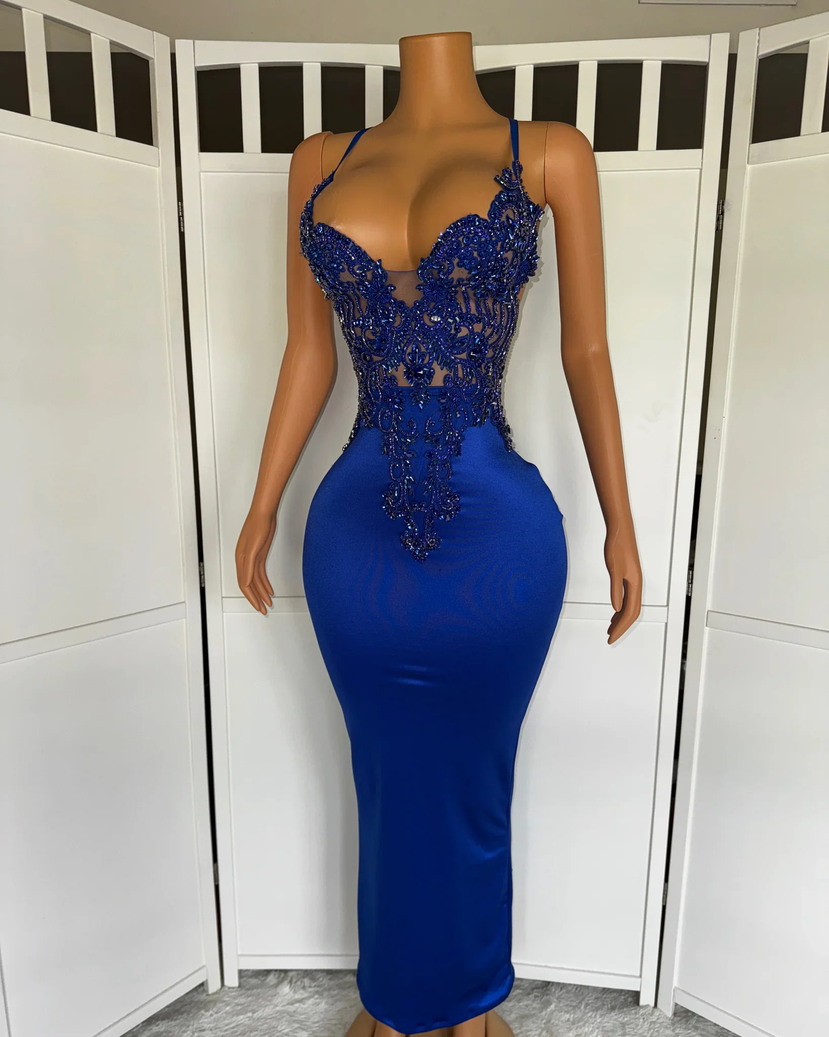 

Royal Blue Sexy Mermaid Prom Dress Spaghetti Strap Fitted Gown Lace Appliqué Formal Evening Party Dress 2025 New Arrival