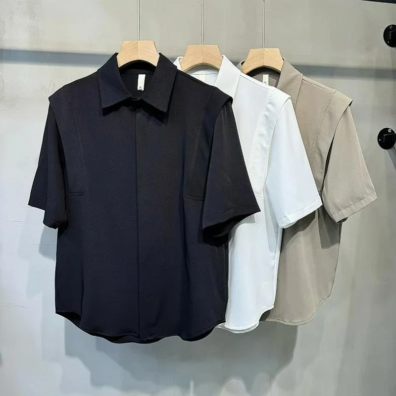 

2025 New Men's Fake Two-piece Design Short Sleeve Shirts Summer Casual Ice Silk Draped T-shirt Korean Fashion Y2K Vintage Shirt
