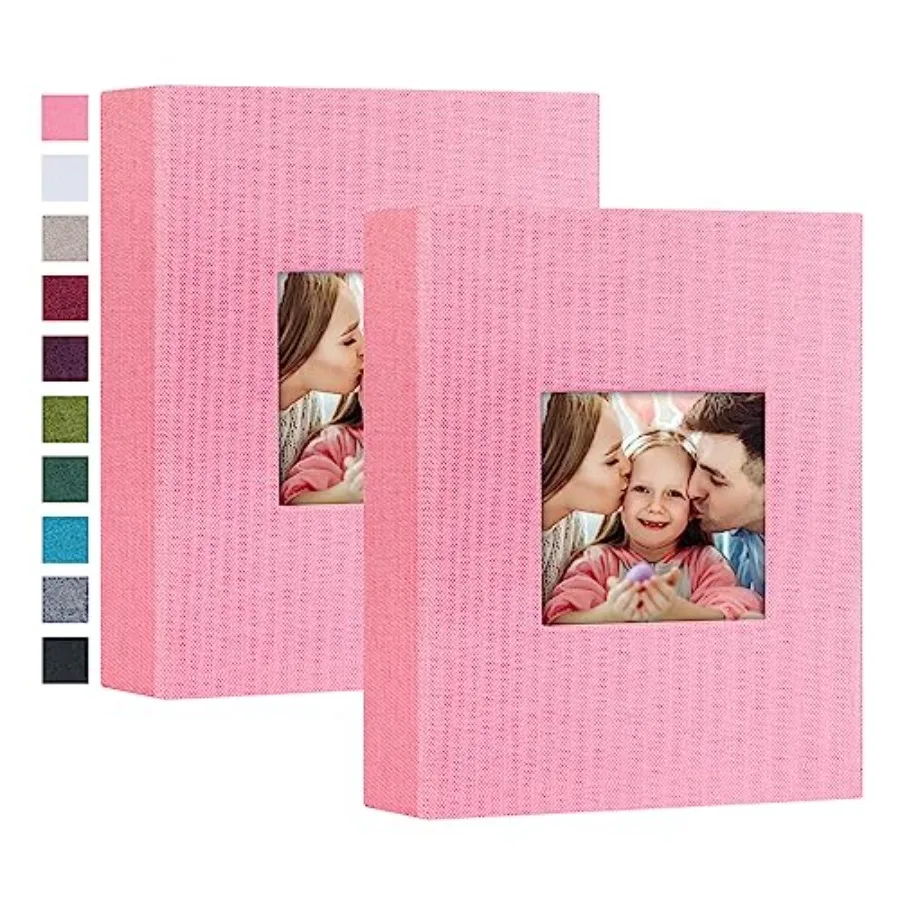

Small Photo Album Linen Cover with Display Window Mini Picture Book Each Holds 5 Vertical Pockets for Artwork Postcards or Pict