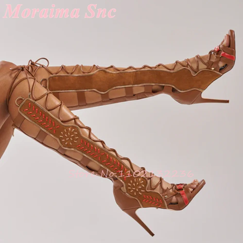 Sandalias Gladiador Bohemias con Cordones y Recortes, Rojas Bordadas, de Tacón Alto Stiletto con Punta Abierta, Estilo Vaquero Occidental, Calzado de Diseñador para Festival