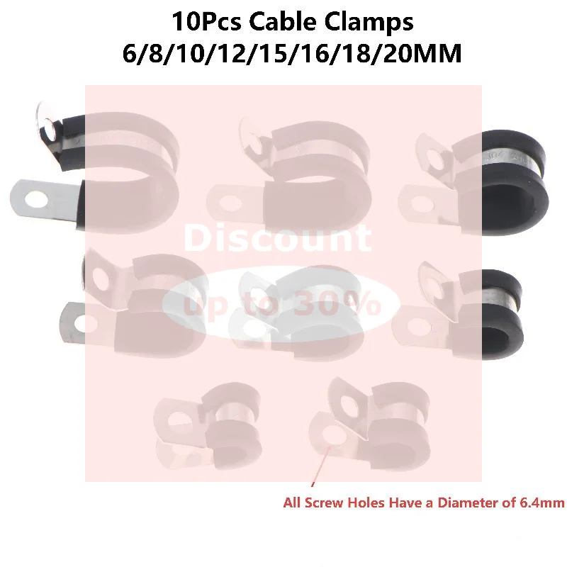 (10Pcs 6-20MM Stainless Steel Cable Clamps Rubber Cushion Cushioned Insulated Wire Line Tube Pipe Fixed Bracket Metal Clip)