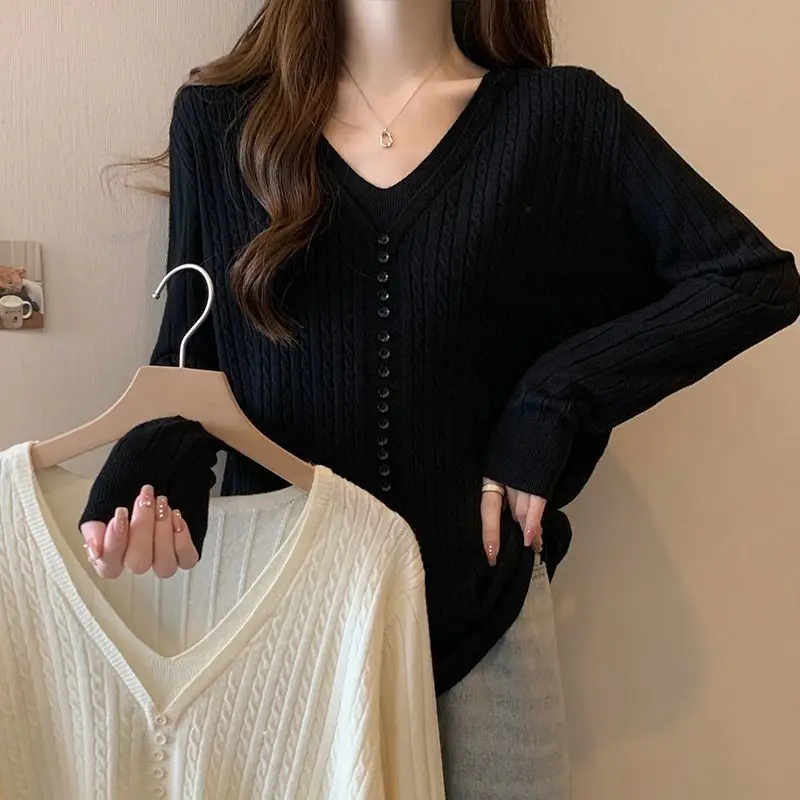Fake Two Pieces V-Neck Sweaters Female Clothing Stylish Button Loose Autumn Winter Basic Solid Color Long Sleeve Knitted Jumpers
