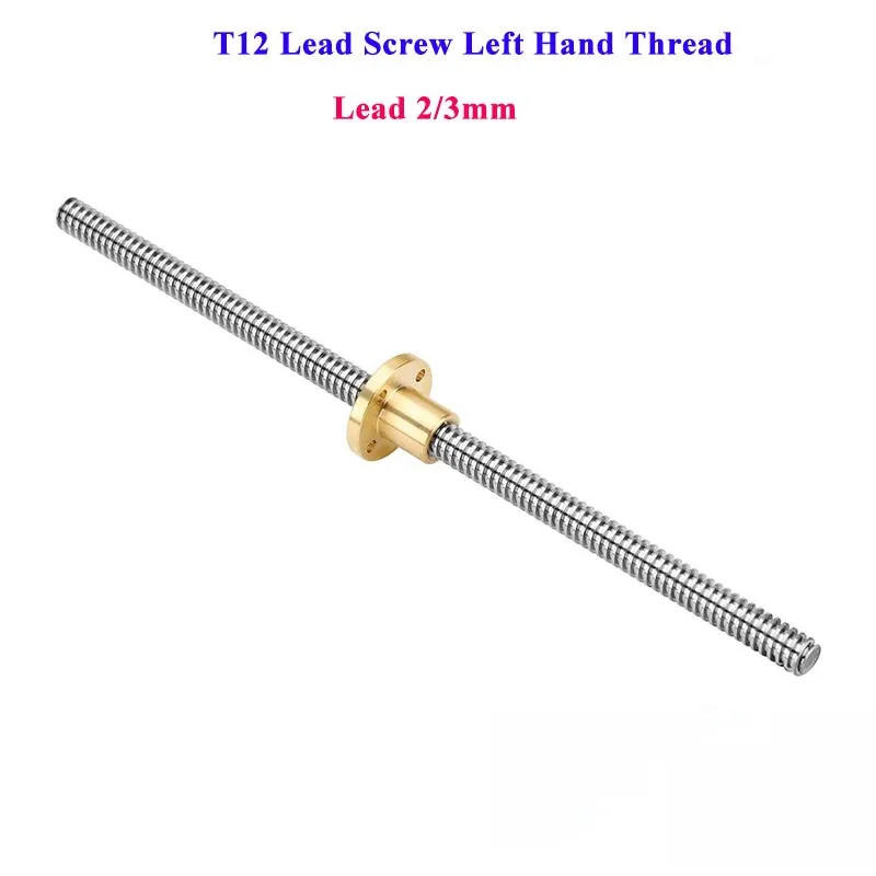 T12 Lead Screw Left Hand Thread 12mm Lead 2/3mm Length 100mm to 1000mm with Flange Brass Nut CNC 3D Printer Stainless Steel