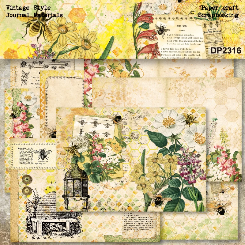 Panalisacraft 8sheets A5 size Vintage Style Bee Honey Scrapbooking patterned paper Fancy Card Pack Light weight Craft Paper Card