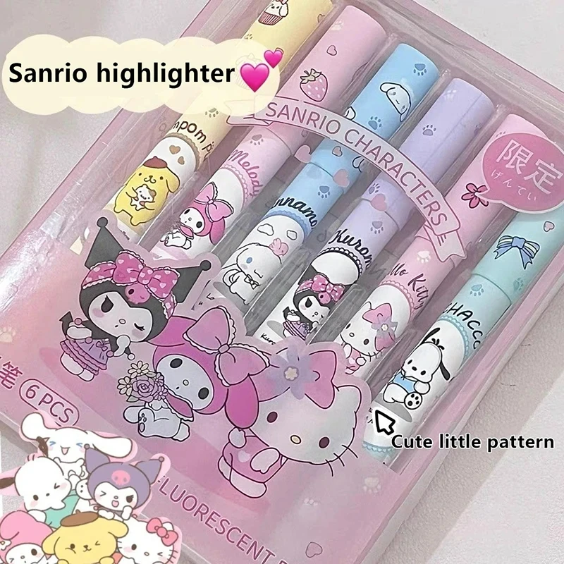 6 ชิ้น/กล่อง Sanrio Hello Kitty Highlighter ชุดปากกา Kawaii Kuromi Melody Cinnamoroll Art เรืองแสงเครื่องหมายปากกาโรงเรียนเครื่องเขียน