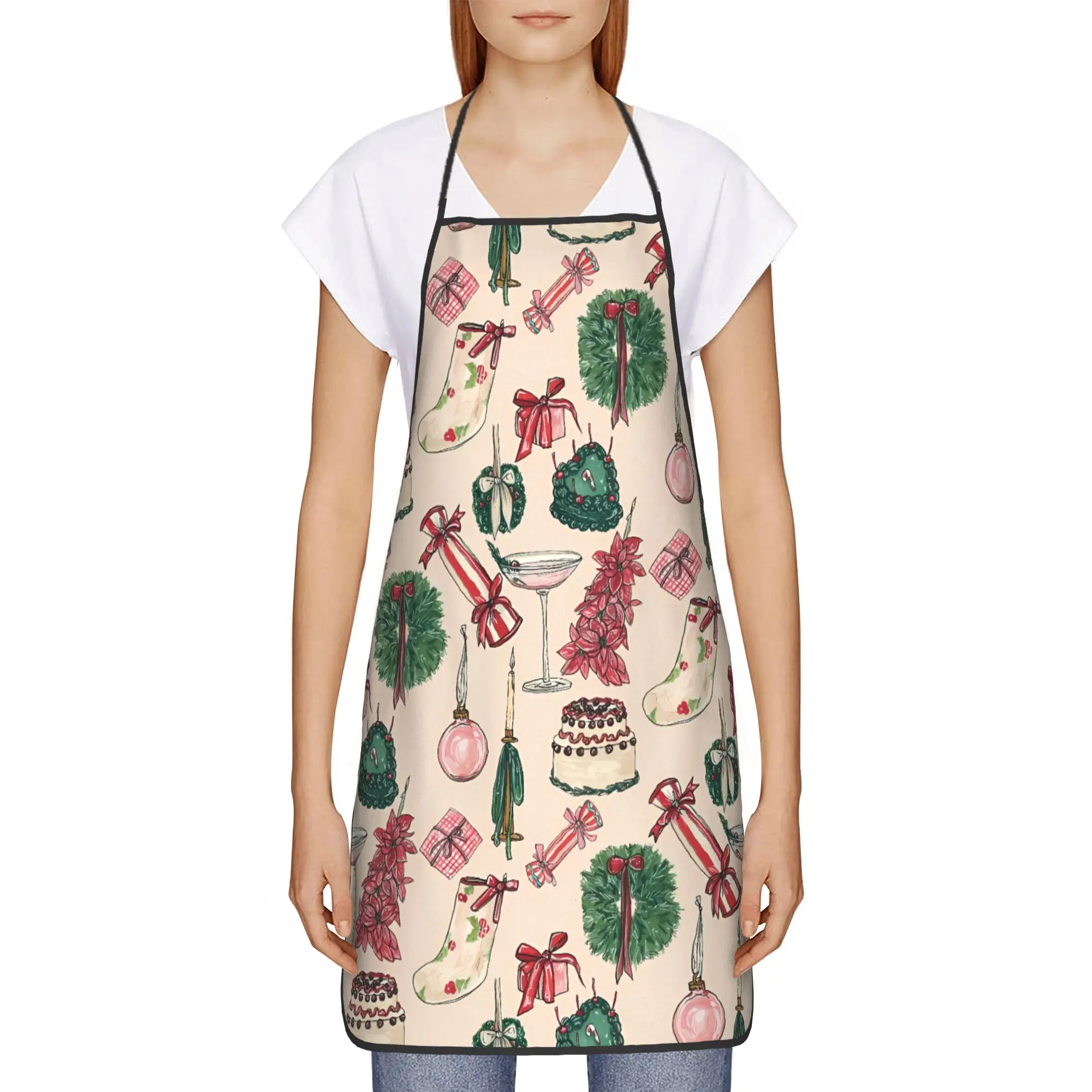 

Новогодний фартук в клетку и с узорами, модный кухонный аксессуар для взрослых, фартук для барбекю без карманов