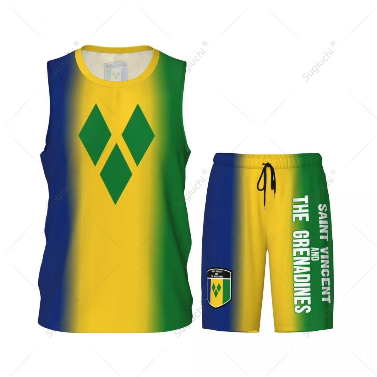 Men Saint Vincent And The Grenadines Flag Basketball Jersey Set Mesh Shirt & Pants Sleeveless Exclusive Team-up Custom