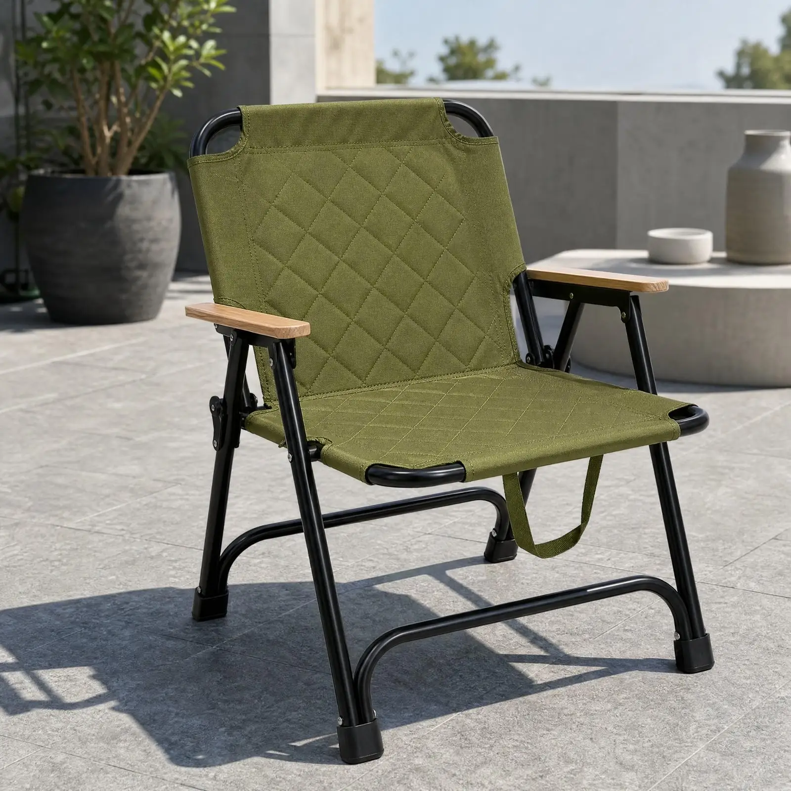 Outdoor Folding Chair with Wooden Armrests and Steel Frame Quilted Padded Seat for Camping Fishing Beach Garden Terrace
