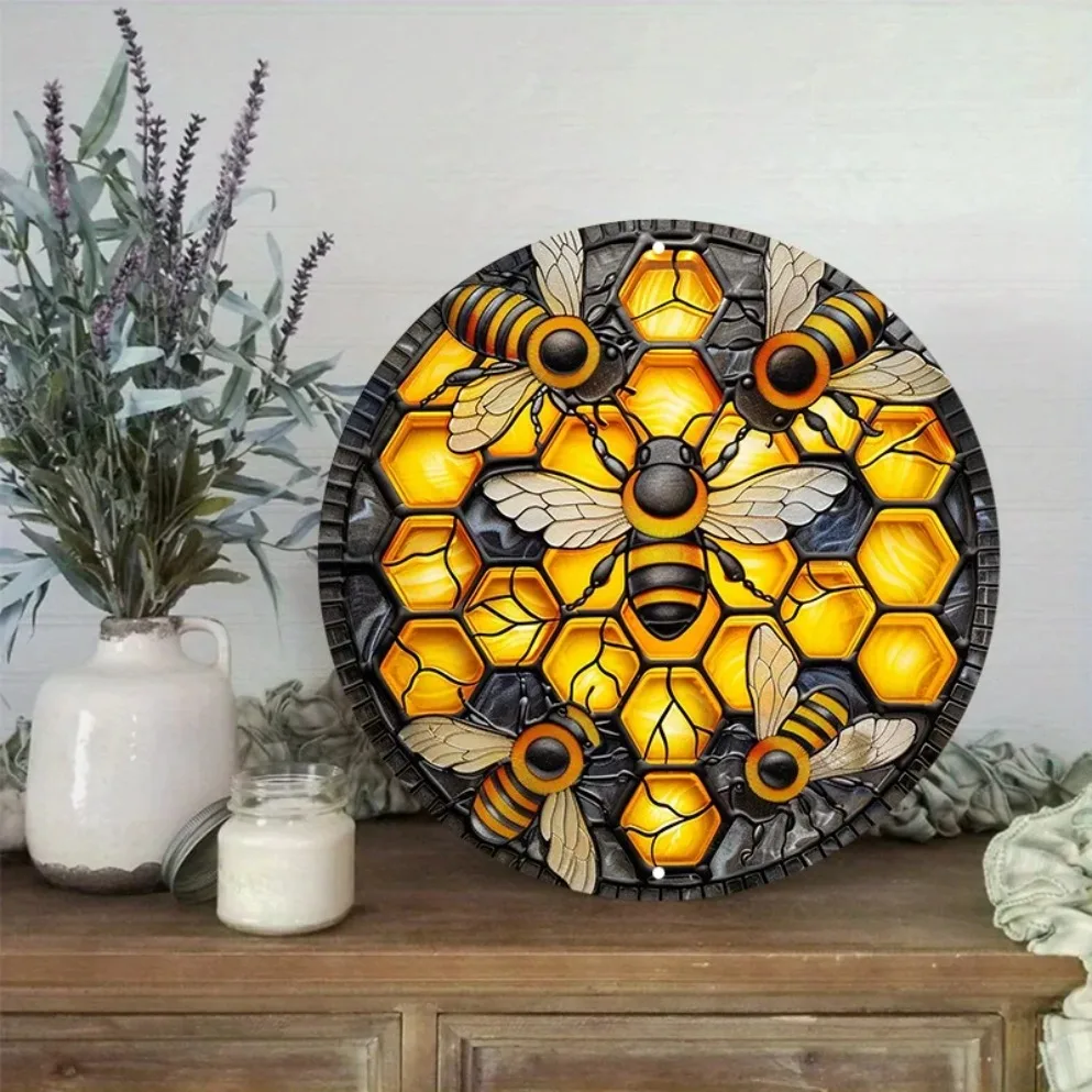 لافتة ألومنيوم على شكل نحلة - فن معدني متين محمي بالأشعة فوق البنفسجية لديكور جدار نادي الحانة المنزلية، ملصق ديكور