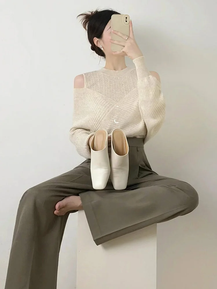 

oulder Bared Long Sve Knitted Sweater Color Crew Ne Comfortable Base irt Slimming Visual Effect Women's Faion