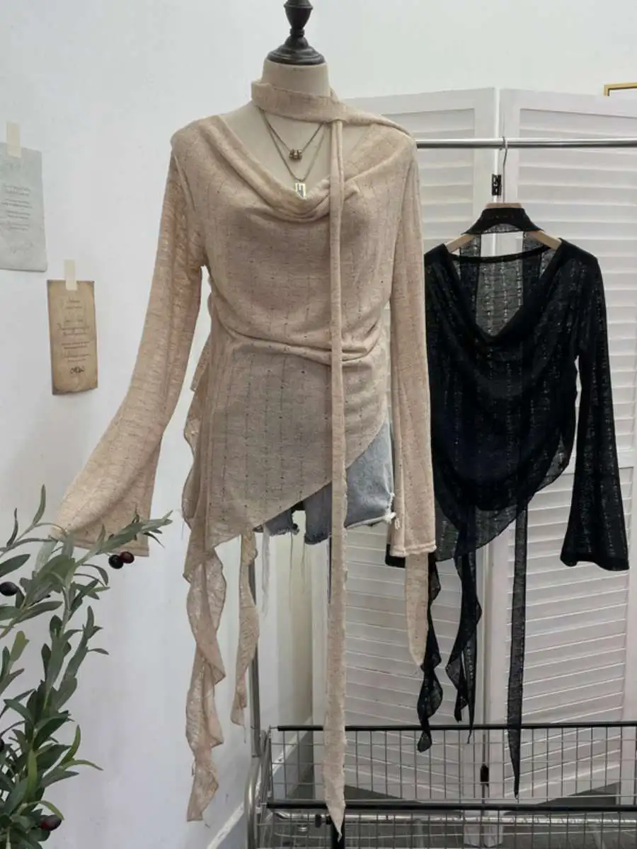 

Sexy Sle Knitted Top Hollow out Long Sve Loose Fit irt with Sa for Women Autumn Season Pure Color Faion Trend