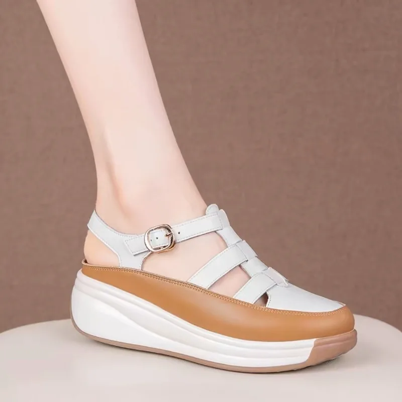 

Summer 2026 Women's Thick Heel Sandals Slip-On Anti-Slip Cover Toe Roman Style Hollow Out Casual Round Toe Platform Shoes
