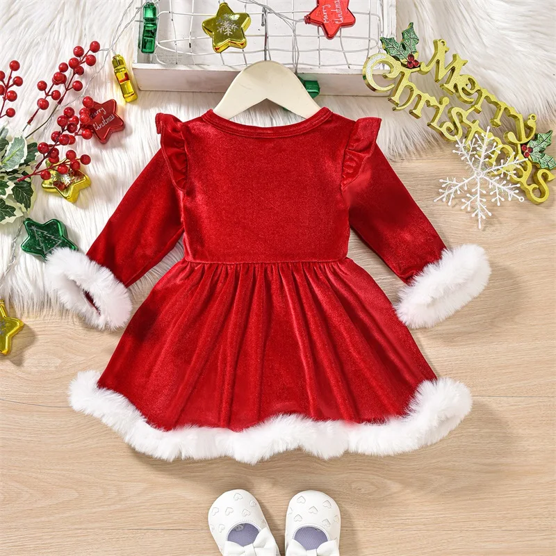 Suefunskry Baby Girls Christmas Dress Long Sleeve Letter Print Fur Trim Velvet Romper Dress Newborn XMAS Clothes 0-24Months