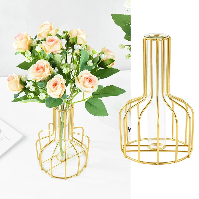 

1Pc Modern Golden Metal Flower Vase Containing Glass Hydroponic Vessel Home Decor Living Room Vase DIY Flower Arrangement Vase