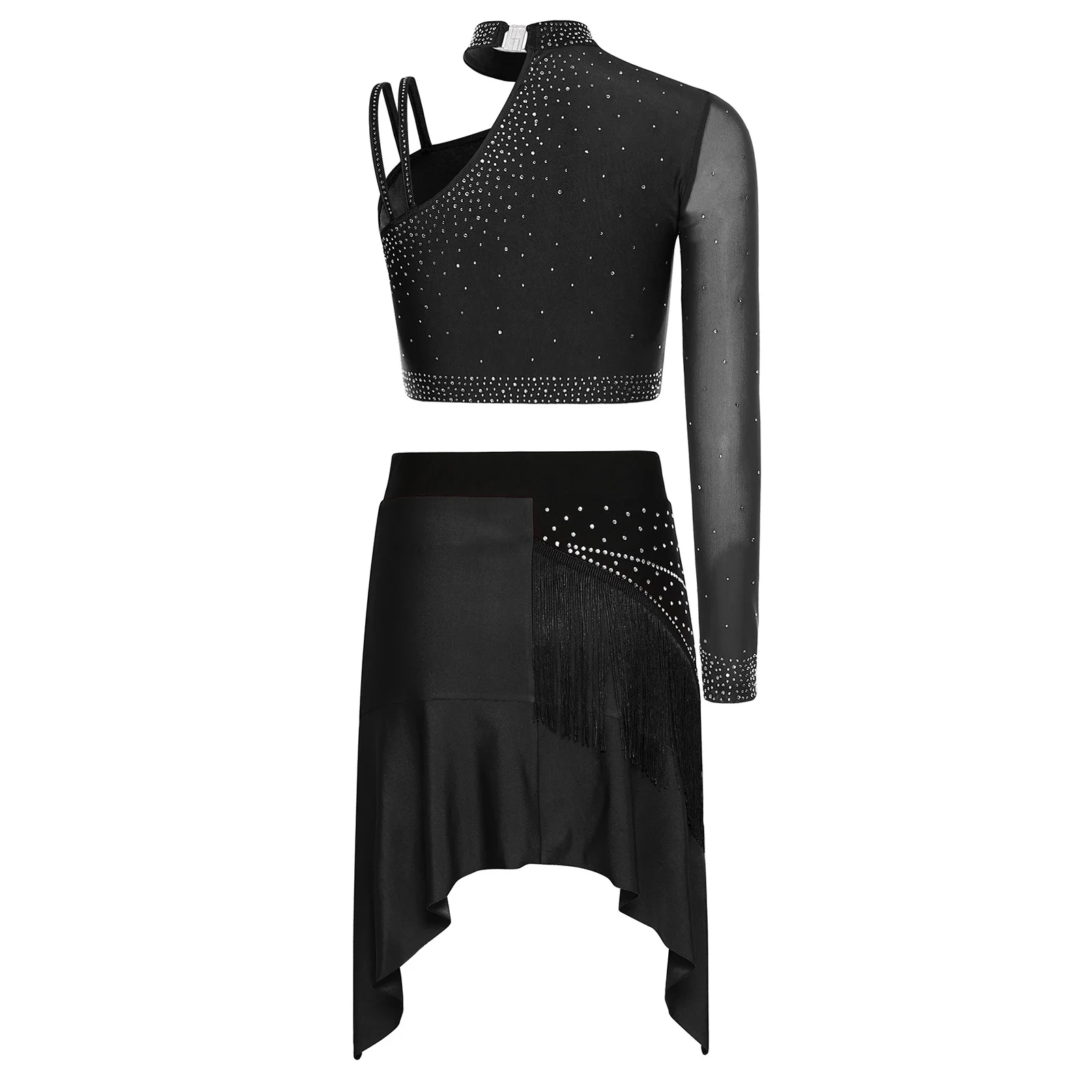 Women Lyrical Contemporary Dance Costume Figure Skating Gymnastic Performance Set One-shoulder Rhinestones Crop Tops with Skirt