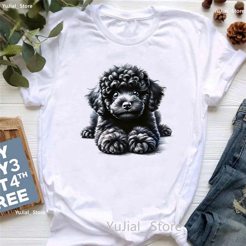 Black Poodle Puppy Animal Printed Tshirt Girls Kawaii Dog Lover T Shirt Women Harajuku Shirt Summer Fashion T-Shirt Female