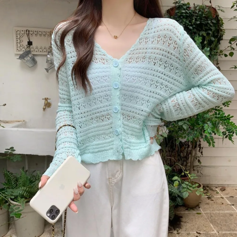 New Hollow Out Knitted Cardigan Thin V-Neck Sun-Proof Tops Long Sleeve Casual Outwear Women