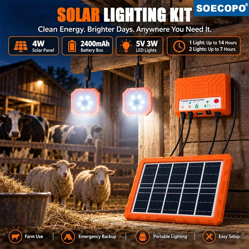 Emergency Light Up Anywhere SOECOPO Camping Solar Light Kit 5V 4W Solar Panel USB Charger 2x3W LED Lamps for Garden Outdoor Home