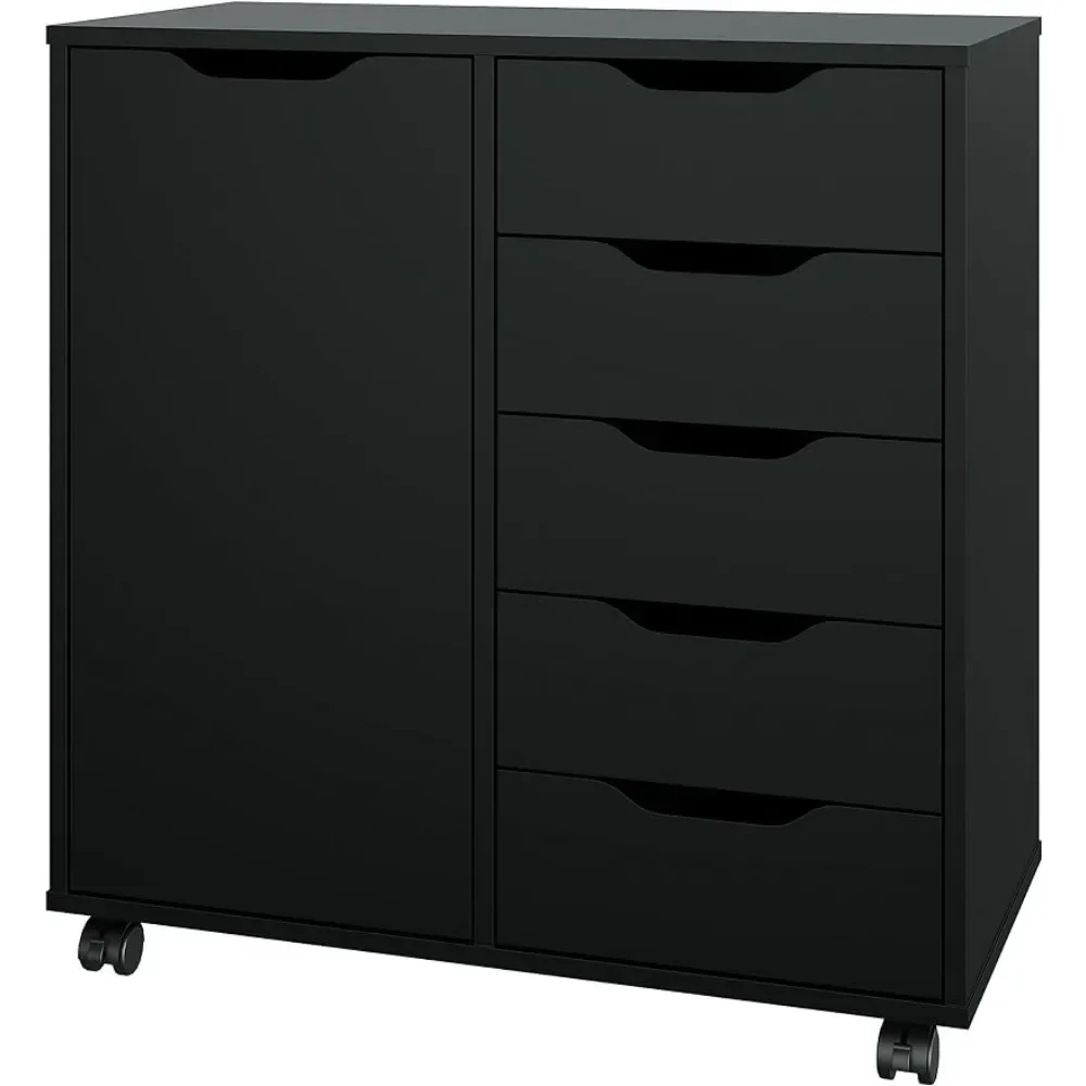 5-Drawer Chest with 1 Door, Wooden Chest of Drawers Storage Dresser Cabinet with Wheels, Office Organization and Storage