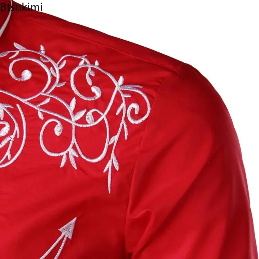 2025 Men's Fashion Embroidered Shirt Western Style Club Party Wedding Long Sleeve Shirts for Men Lapel Single -breasted Shirt