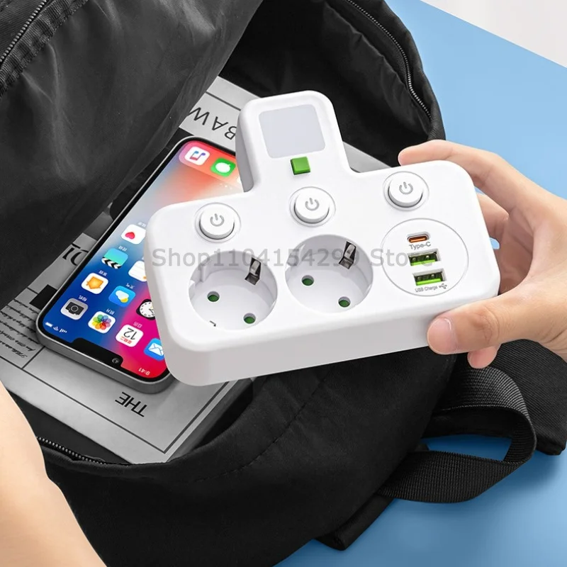 EU Plug Desktop Power Strip Multi Plug Outlet with Independent Switch Control USB Type-C Bedside Lamp for Home Office Outlets
