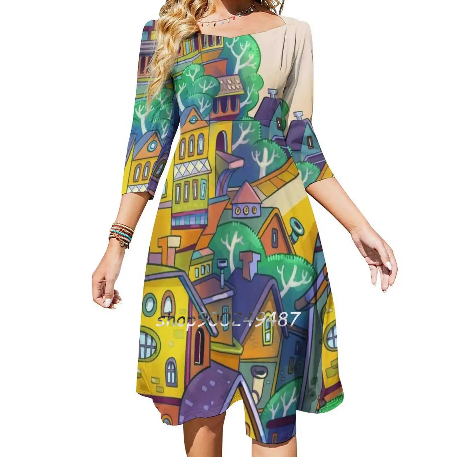 Tree Top Town Square Neck Dress New Plus Size Elegant Women Waist Tight Dress Town City Urban Fantasy Whimsical Buildings Trees