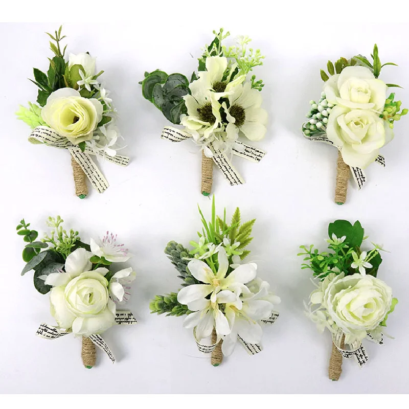 Boutonniere And Wrist Corsage Wedding Supplies Banquet Guests Simulated Flowers Bride and Groom White Series 181