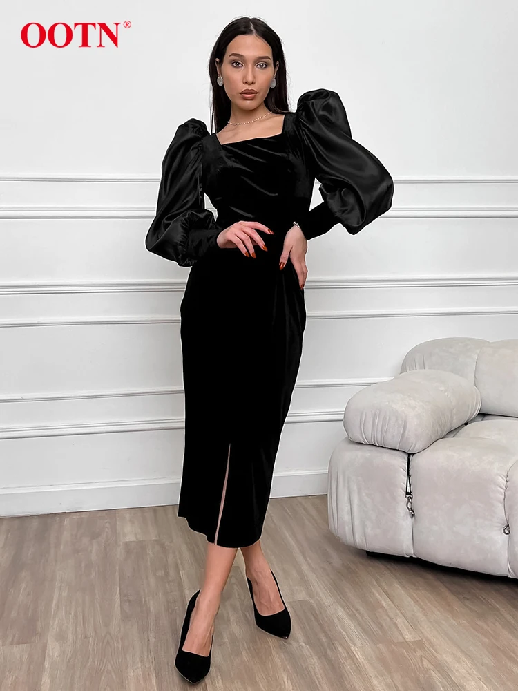 OOTN Elegant Black Slit Dress For Women 2024 Fashion Puff Sleeve Elastic Straight Long Dresses Vintage Square Collar Party Dress