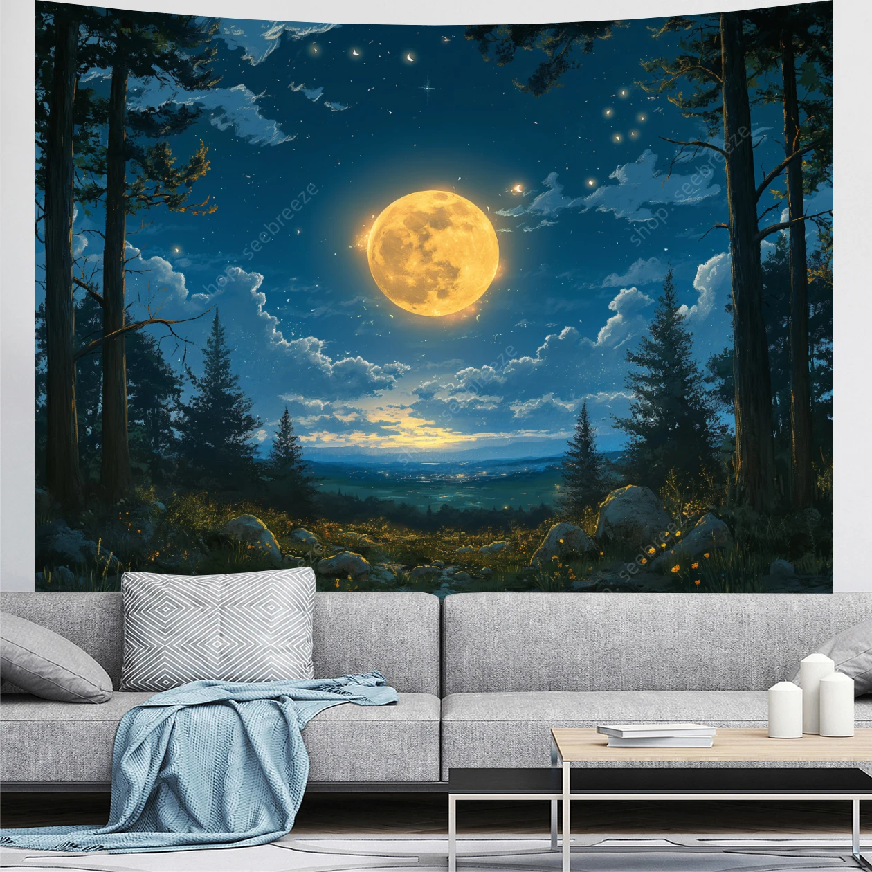 Moon Tapestry Psychedelic Forest Tree Tapestry Wall Hanging for Bedroom Ceiling Aesthetic Living Room College Dorm Hippie Decor
