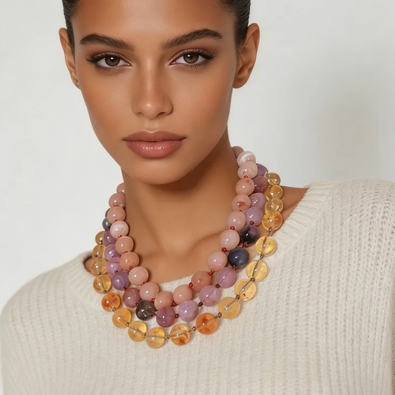 Boho Natural Stone Beaded Choker Necklace Purple Yellow Pink Crystal Beads Collar Vintage Women Statement Party Neck Jewelry