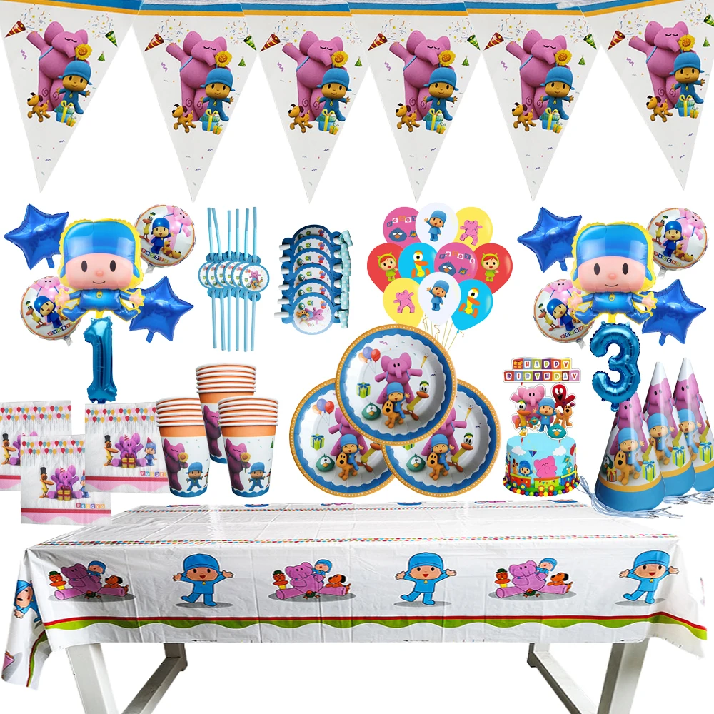 Cartoon Pocoyoed Theme Birthday Party Decorations Tableware Paper Cup Plate Napkin Flag Balloon Backdrop for Kids Party Supplies