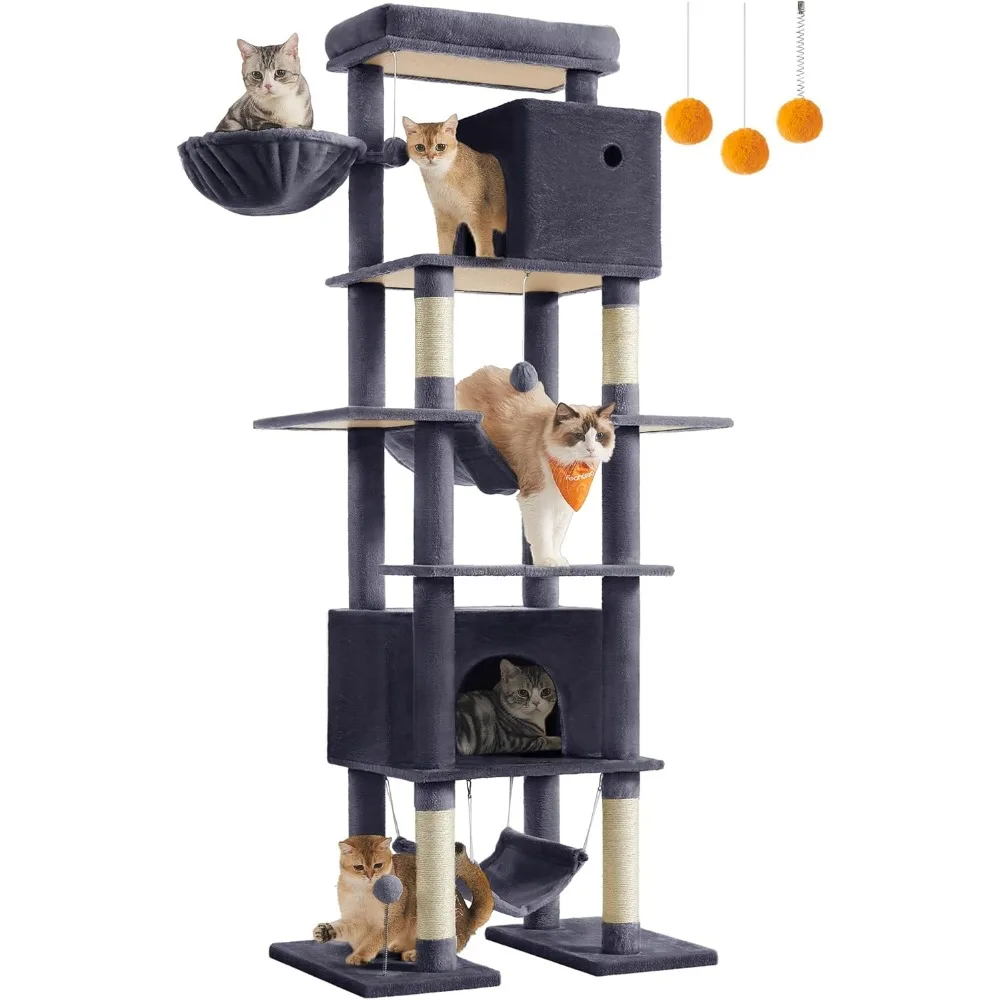 79.1-inch high indoor cat tower, multi story large cat apartment with 4 scratching posts, 2 hammocks, 2 cat holes