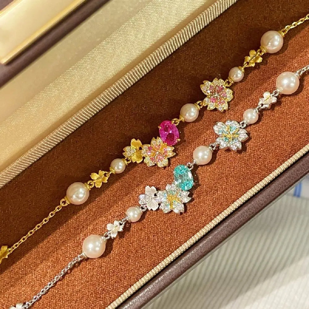 KQDANCE New Sparkling Inlay CZ Diamond Flower Pearl Bracelet for women Romantic Blue Pink Bracelets Chain Fine Jewelry